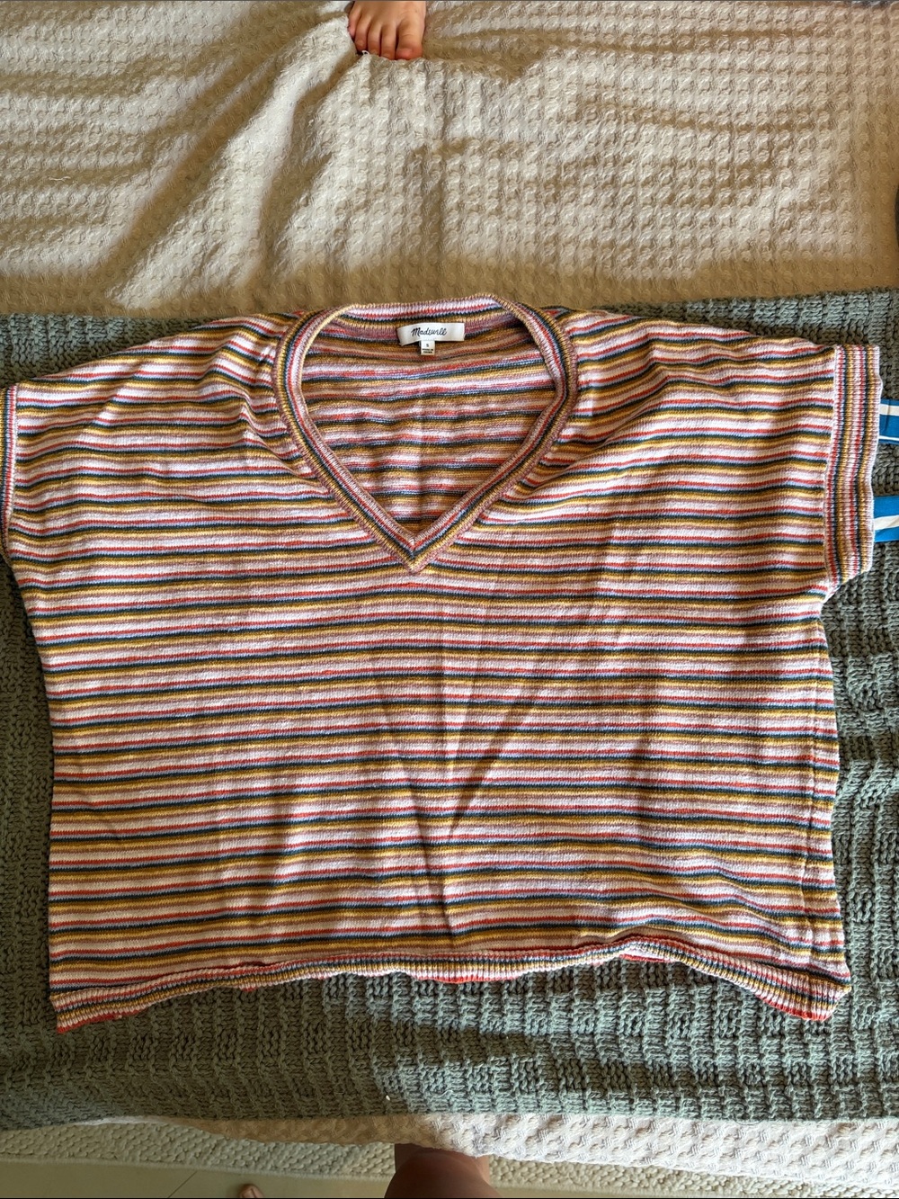 Madewell Striped V-Neck Tee in Pink, Green, Blue and Cream